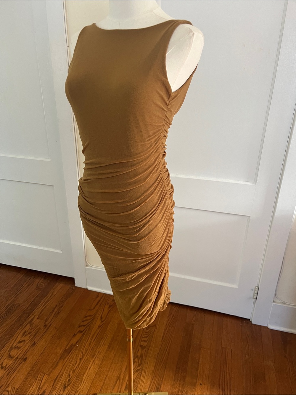Giorgio Sant’Angelo Golden Goddess Ruched Dress Camel Brown | Anna Bayle Archive